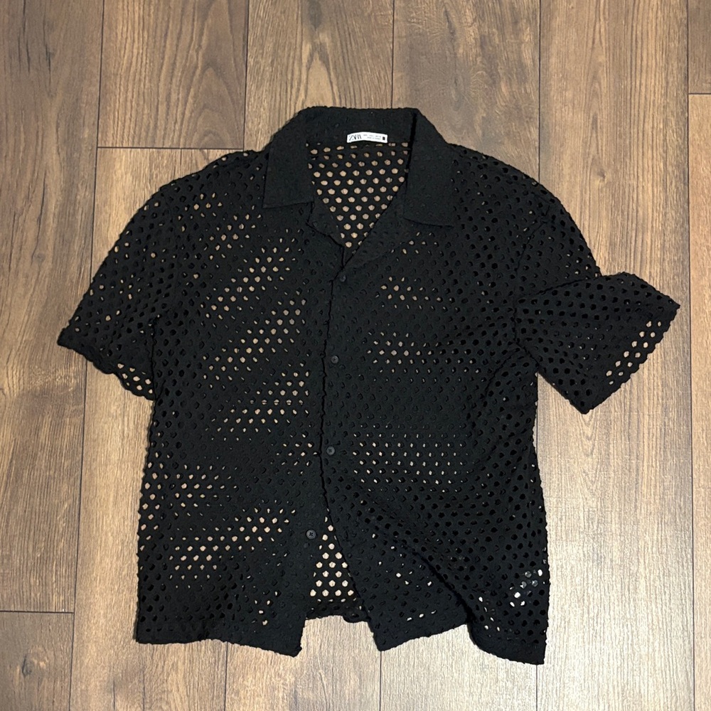 Zara Black perforated button down shirt